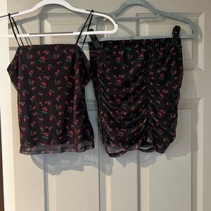 Cherry Print Black Cami and Skirt Set